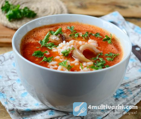 Томатный суп с копченой рыбой и рисом